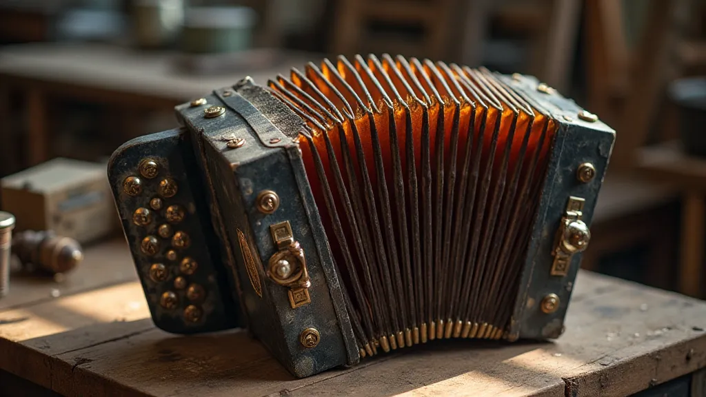 Disassembled antique accordion showing inner mechanisms