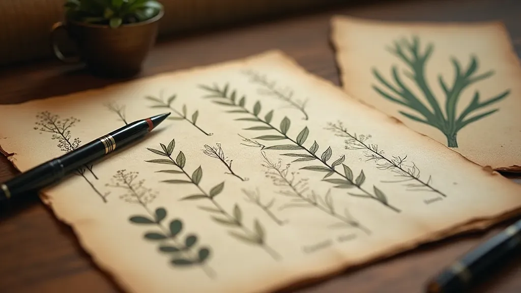 Antique botanical illustrations and pen and ink set