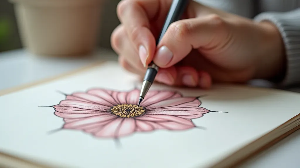 Botanical artist drawing a rose petal