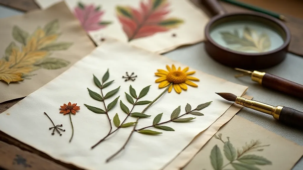 Collection of pressed botanical specimens and illustration tools