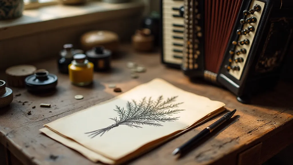Desk with botanical illustration, pen and ink, and antique accordion