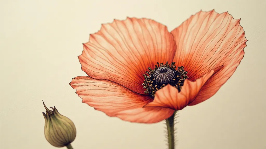 Poppy flower ink drawing showcasing texture and shading
