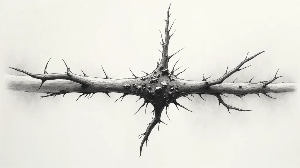 Close-up of a rose thorn in pen and ink