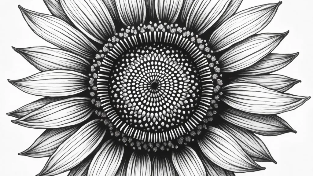 Pen and ink illustration of a sunflower seed head
